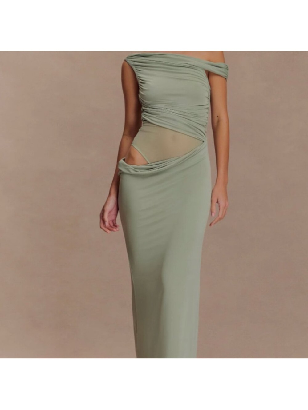 Meshki Sage One-Shoulder Ruched Cutout Maxi Dress